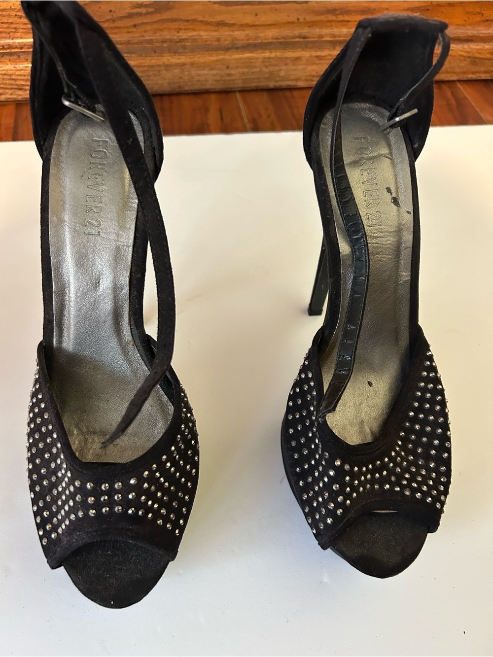 Forever 21 Black Studded Peep-Toe Ankle Tie Heels